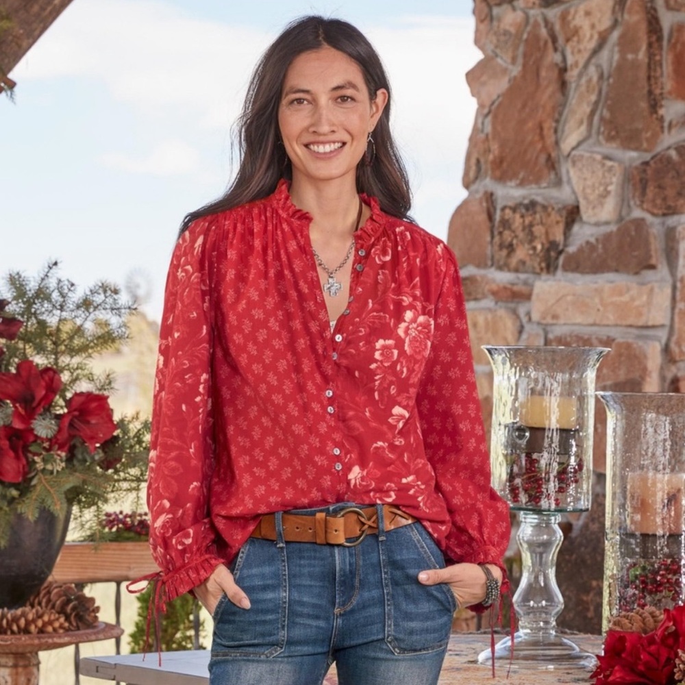Sundance Janica Floral Peasant Puff Sleeve Blouse Red